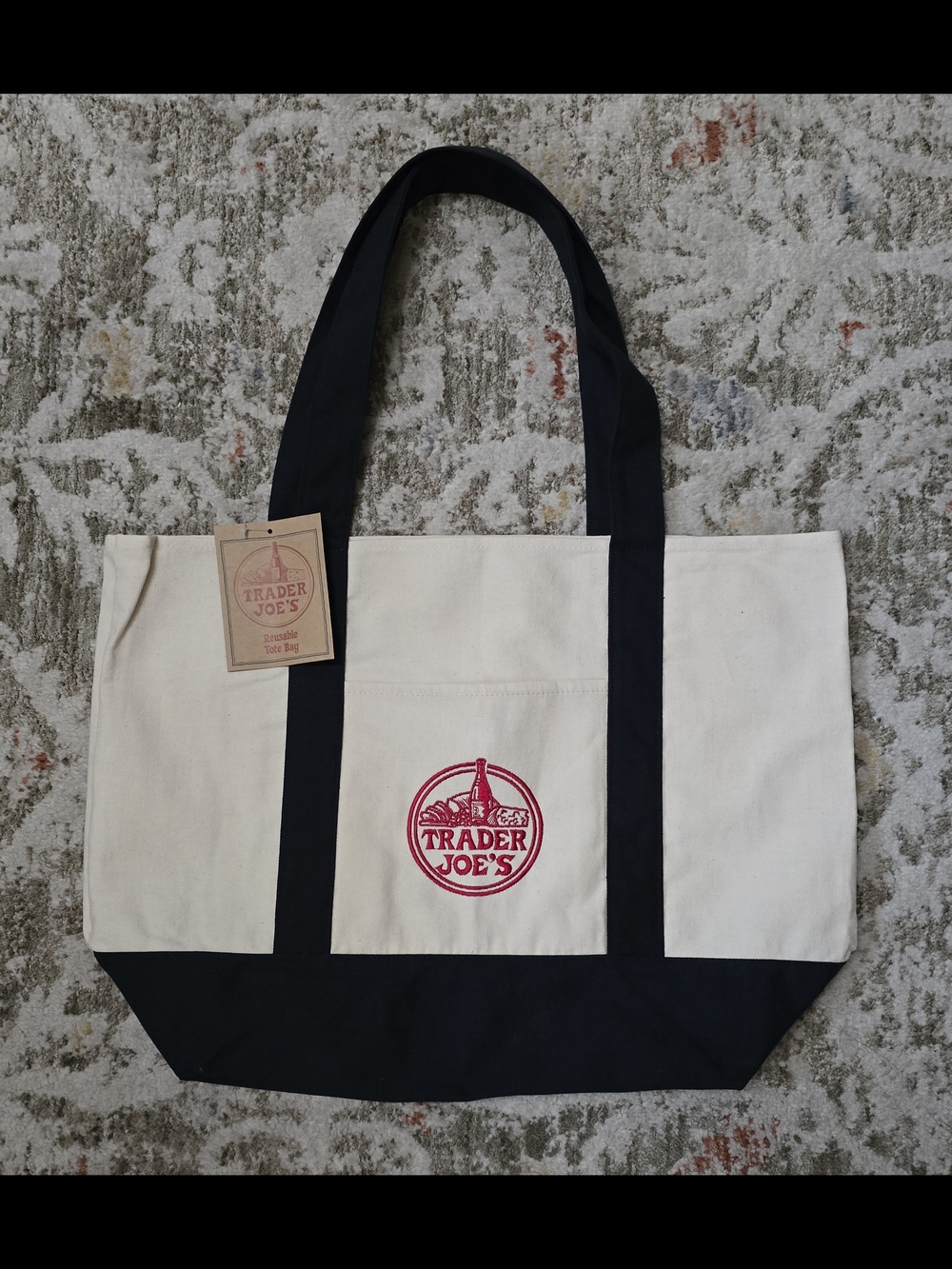 Trader Joe's Large Canvas Tote Bag in Natural and Navy Blue with Red Logo